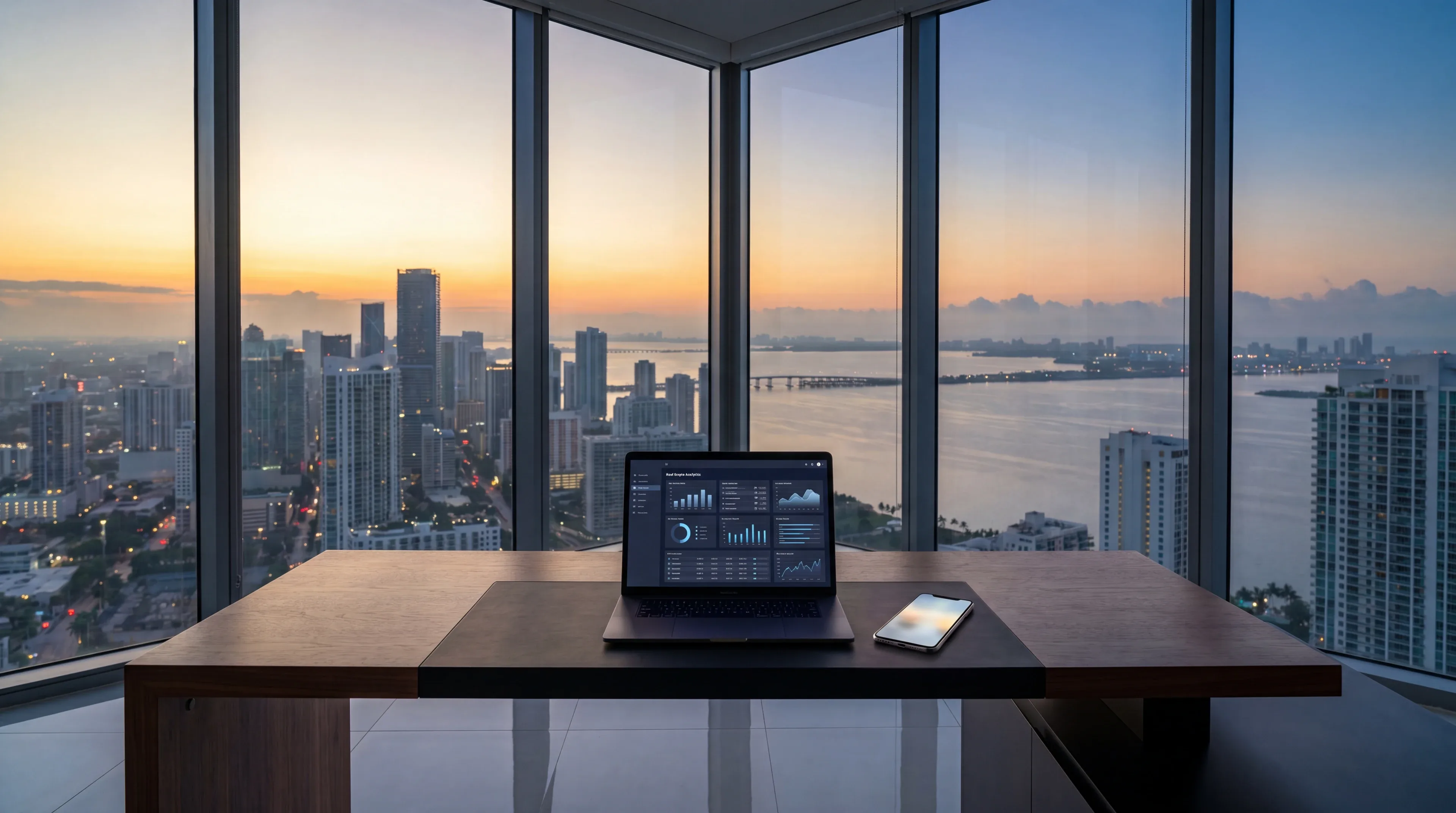 A high-rise realtor office overlooking the Miami skyline at dawn, a laptop running ReSharpe on the desk next to a phone