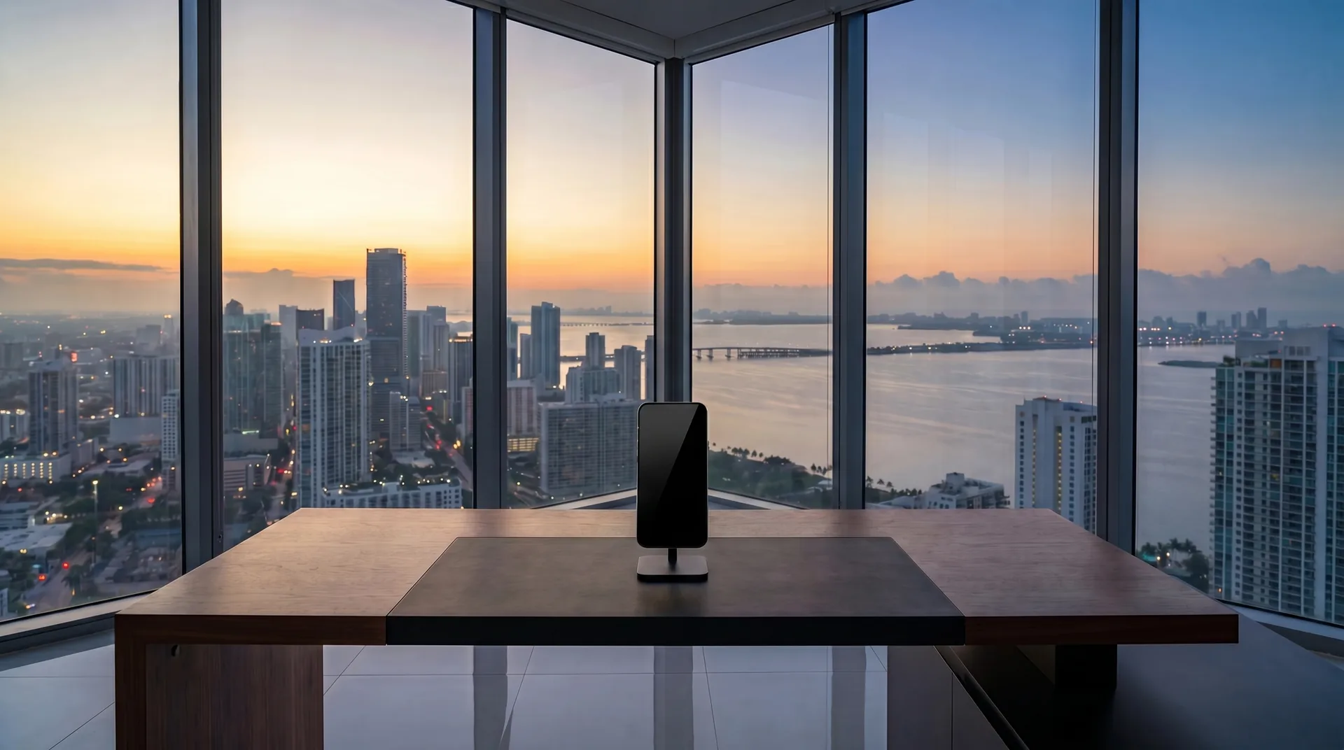 A high-rise realtor office over the Miami skyline at dusk, a phone running ReSharpe standing on the desk